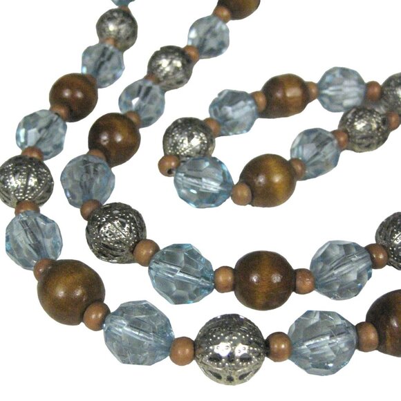 Necklace Women 60 Inch Jewelry Silvertone Blue Wooden Rope Lariats FLAWED Beads - Picture 1 of 10